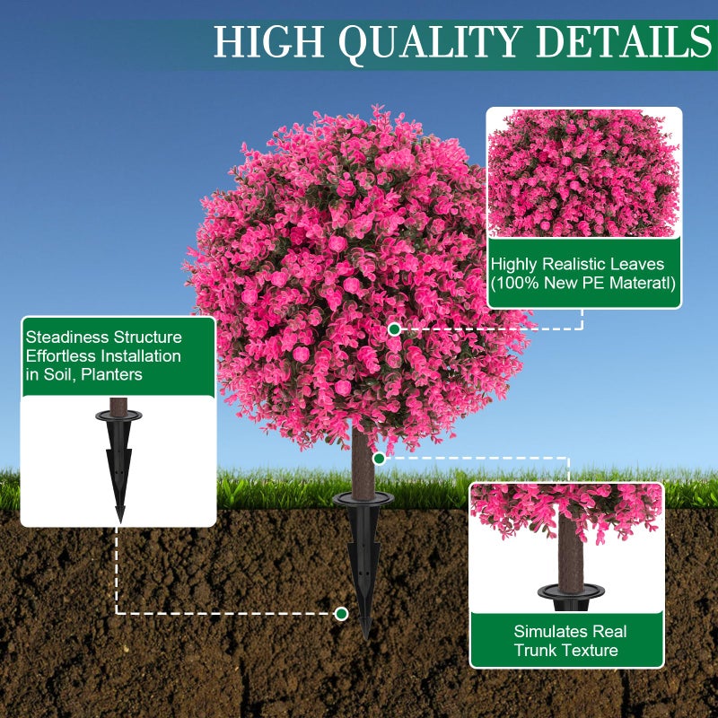 AOKIIE Set of 2 Artificial Pink Boxwood Topiary Ball Bush for Outdoor with Ground Spike 22", UV Resistant Faux Greenery Shrubs, Fake Pink&Green Boxwood Plants for Garden, Yard, Porch, Patio Decor - Image 4