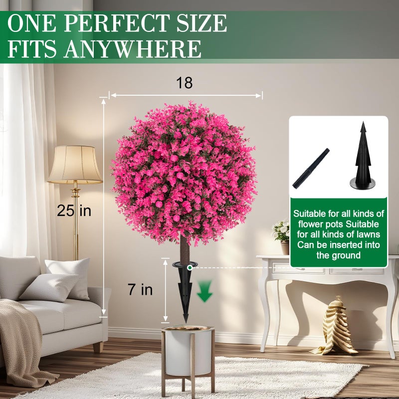 AOKIIE Set of 2 Artificial Pink Boxwood Topiary Ball Bush for Outdoor with Ground Spike 22", UV Resistant Faux Greenery Shrubs, Fake Pink&Green Boxwood Plants for Garden, Yard, Porch, Patio Decor - Image 2