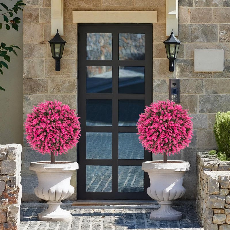 AOKIIE Set of 2 Artificial Pink Boxwood Topiary Ball Bush for Outdoor with Ground Spike 22", UV Resistant Faux Greenery Shrubs, Fake Pink&Green Boxwood Plants for Garden, Yard, Porch, Patio Decor - Image 5