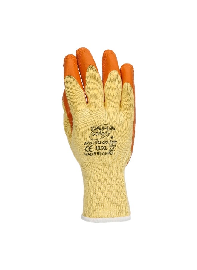 TAHA SAFETY - TAHA SAFETY L1103 Orange Latex Foam Safety Gloves | Comfortable White Polyester Base, High Grip for Industrial Use, Lightweight, Flexible, Snug Fit for Construction, Warehouse & General Hand Protection | 1 Pair - Image 1