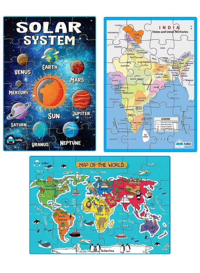 FunBlast 3 in 1 Jigsaw Puzzle for Kids - Solar System, Map of India and World Map Jigsaw Puzzles, Learning and Educational Puzzles for Children - 72 Pcs Puzzles - Multicolor - Image 1