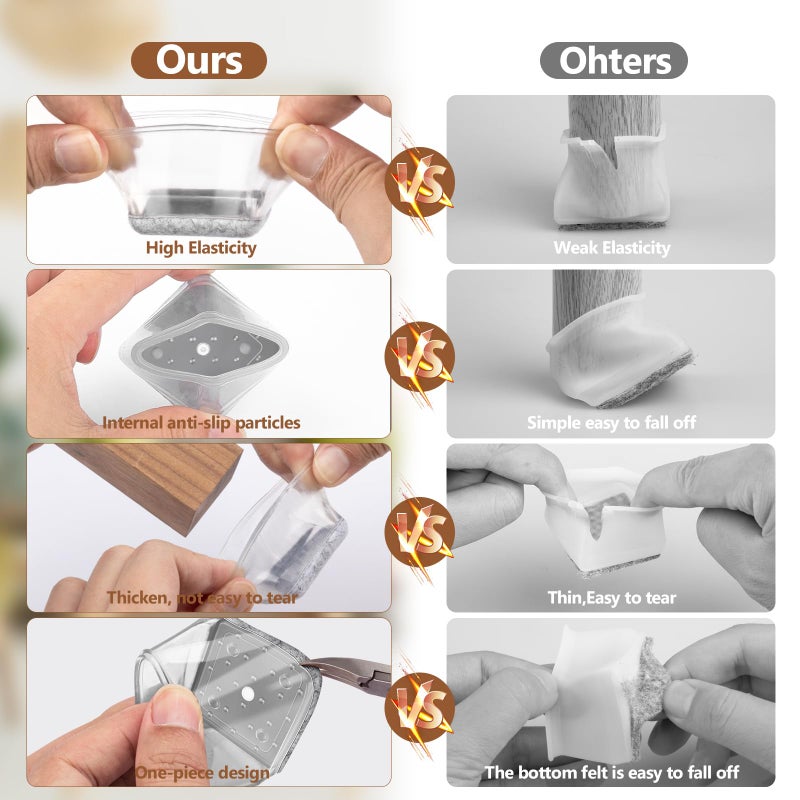 BAIPOK 16Pcs Square Chair Leg Floor Protectors with Thickened Felt Pads Silicone Chair Leg Covers Caps to Protect Hardwood Tile Floors Furniture Feet Reduce Noise (Clear L Fit 1.14"-1.42") - Image 4