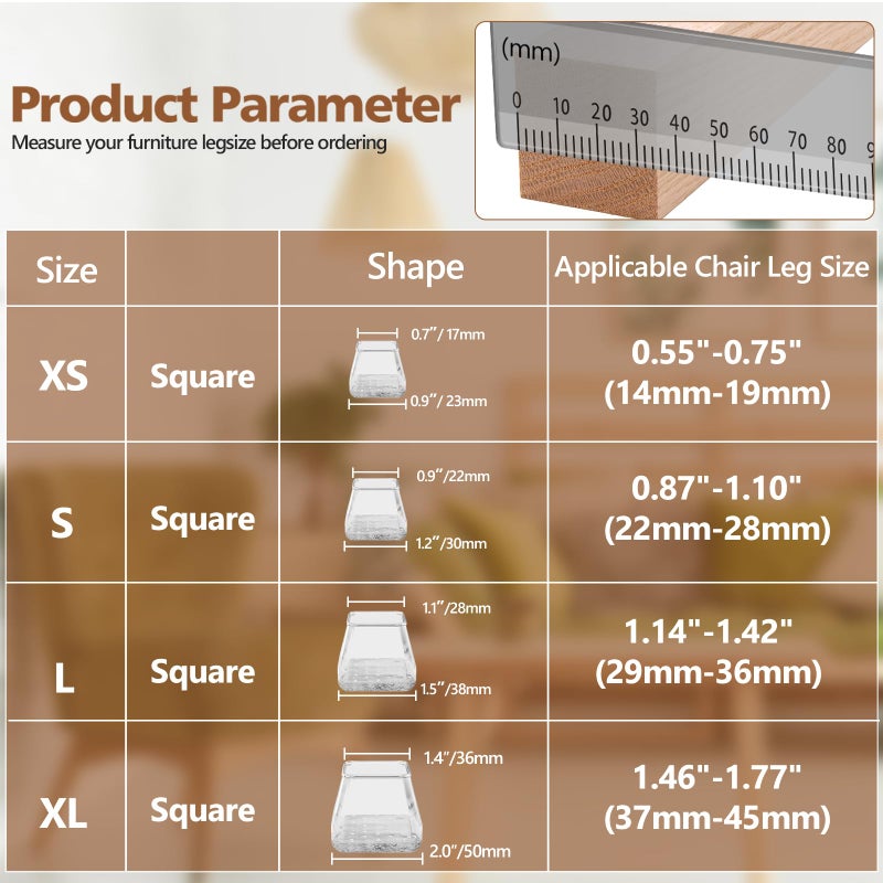 BAIPOK 16Pcs Square Chair Leg Floor Protectors with Thickened Felt Pads Silicone Chair Leg Covers Caps to Protect Hardwood Tile Floors Furniture Feet Reduce Noise (Clear L Fit 1.14"-1.42") - Image 3