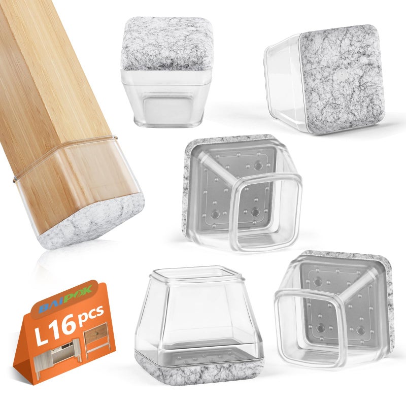 BAIPOK 16Pcs Square Chair Leg Floor Protectors with Thickened Felt Pads Silicone Chair Leg Covers Caps to Protect Hardwood Tile Floors Furniture Feet Reduce Noise (Clear L Fit 1.14"-1.42") - Image 1