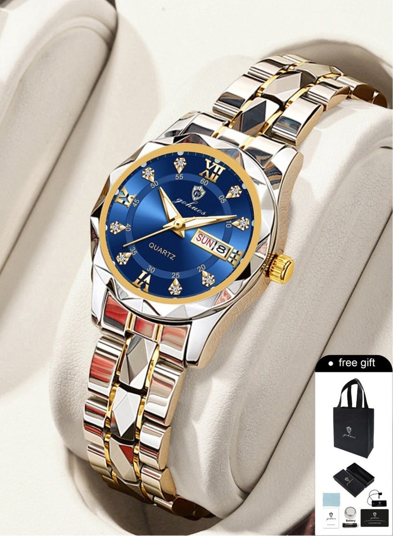 جوهوس ساعات كوارتز نسائية، ساعة يد أنيقة فاخرة من أفضل العلامات التجارية، تناظرية، مقاومة للماء، مضيئة، مع تاريخ، حزام من الفولاذ المقاوم للصدأ - 28 مم - أزرق/ذهبي - هدية للأم أو الصديقة - Image 1