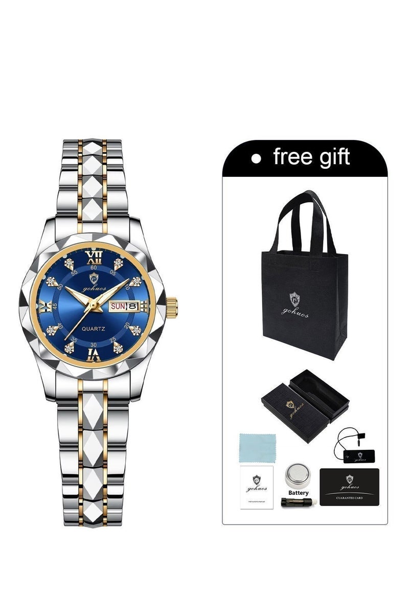 جوهوس ساعات كوارتز نسائية، ساعة يد أنيقة فاخرة من أفضل العلامات التجارية، تناظرية، مقاومة للماء، مضيئة، مع تاريخ، حزام من الفولاذ المقاوم للصدأ - 28 مم - أزرق/ذهبي - هدية للأم أو الصديقة - Image 3