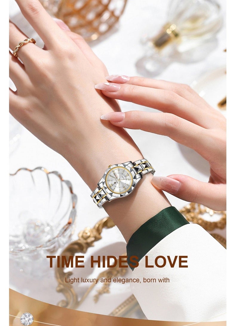 جوهوس ساعات كوارتز نسائية، ساعة يد أنيقة فاخرة من أفضل العلامات التجارية، تناظرية، مقاومة للماء، مضيئة، مع تاريخ، حزام من الفولاذ المقاوم للصدأ - 28 مم - أزرق/ذهبي - هدية للأم أو الصديقة - Image 4