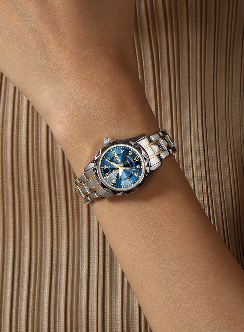 جوهوس ساعات كوارتز نسائية، ساعة يد أنيقة فاخرة من أفضل العلامات التجارية، تناظرية، مقاومة للماء، مضيئة، مع تاريخ، حزام من الفولاذ المقاوم للصدأ - 28 مم - أزرق/ذهبي - هدية للأم أو الصديقة - Image 2