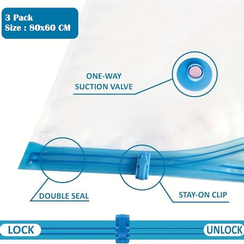 HSR 3 Pack Space Saver Vacuum Storage Bags for Clothing Travel, Vacuum Seal Compression Bags for Clothes, Packing, Luggage, Blankets, Comforters and Pillows (Without Pump) - Image 2