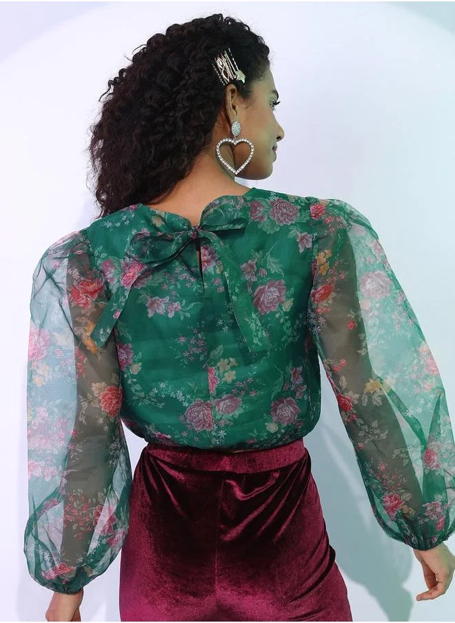 Tokyo Talkies Tokyo Talkies Floral Print Mesh Insert Balloon Sleeve Crop Top