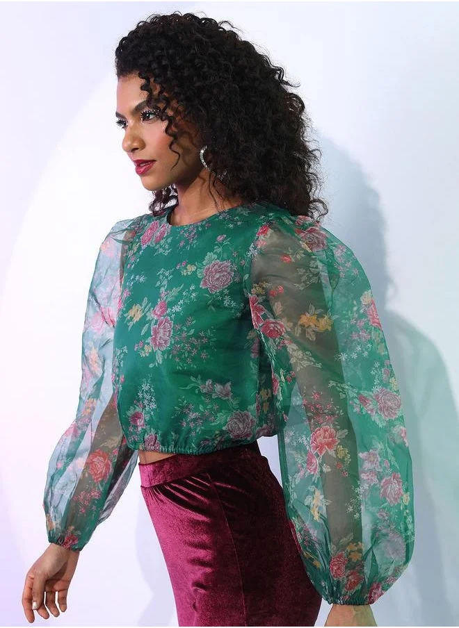 Tokyo Talkies Tokyo Talkies Floral Print Mesh Insert Balloon Sleeve Crop Top