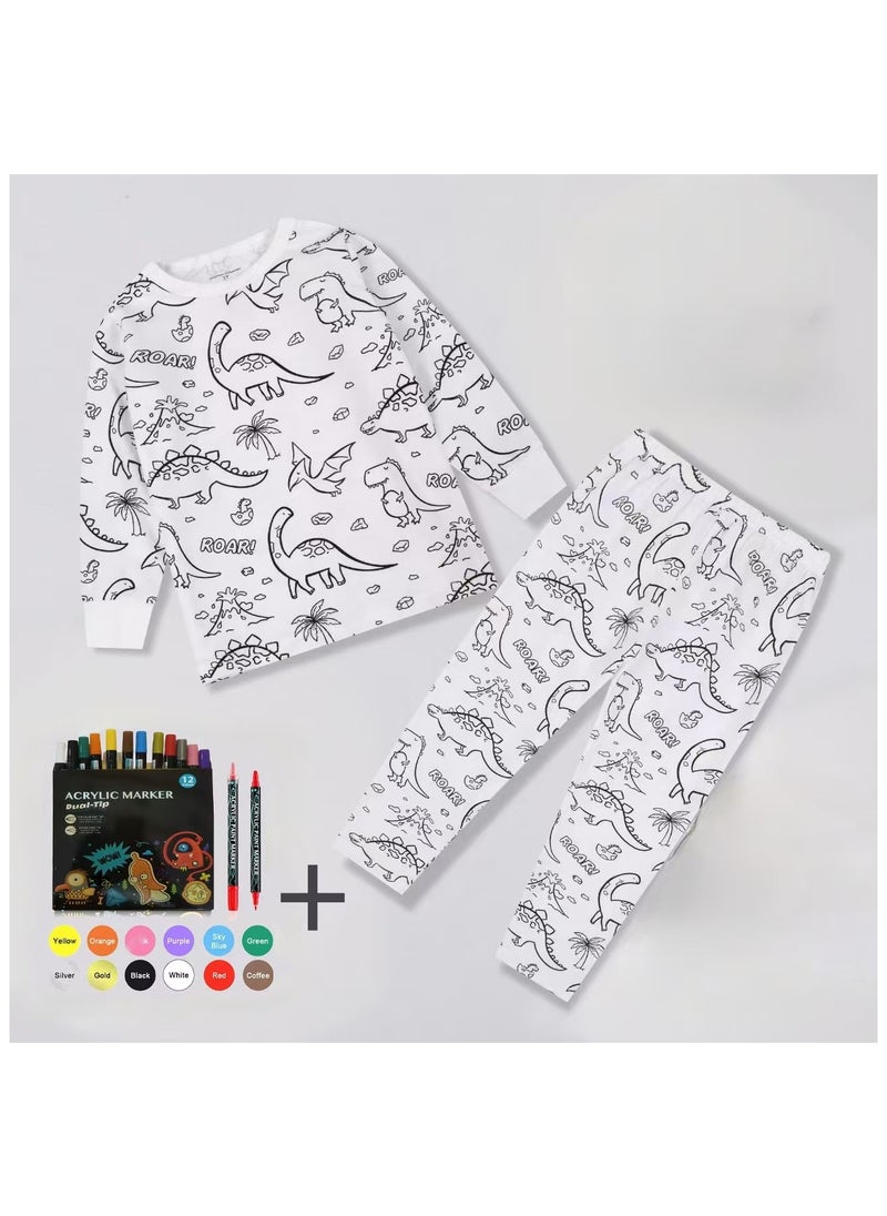 Creative Kids DIY Graffiti Pajamas Homewear Set Colour Your Own Sleepwear Pyjamas for Boys & Girls Dinosaur Pattern  - Image 1