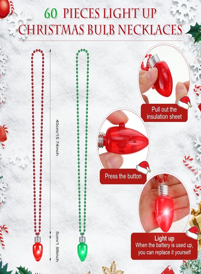 Equsion 60 Pcs Light Up Christmas Bulb Necklaces Green Red Bulb Flashing Necklaces for Adults Flashing Xmas Decoration for Christmas Party Favors - Image 3