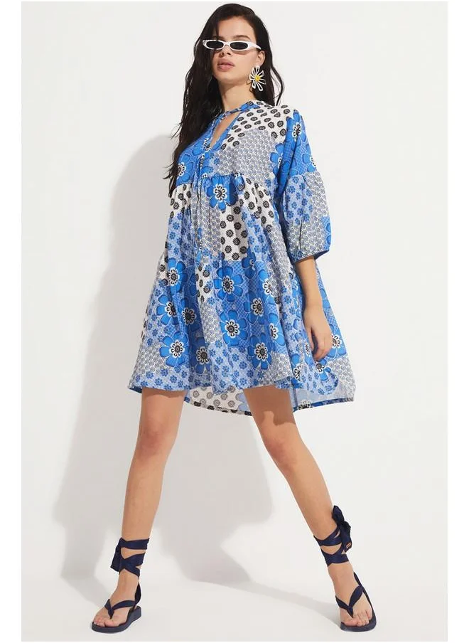 جون June Patterned V-Neck Linen Dress
