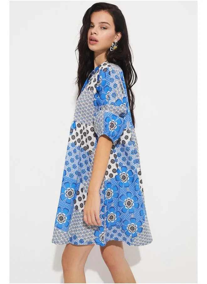 جون June Patterned V-Neck Linen Dress