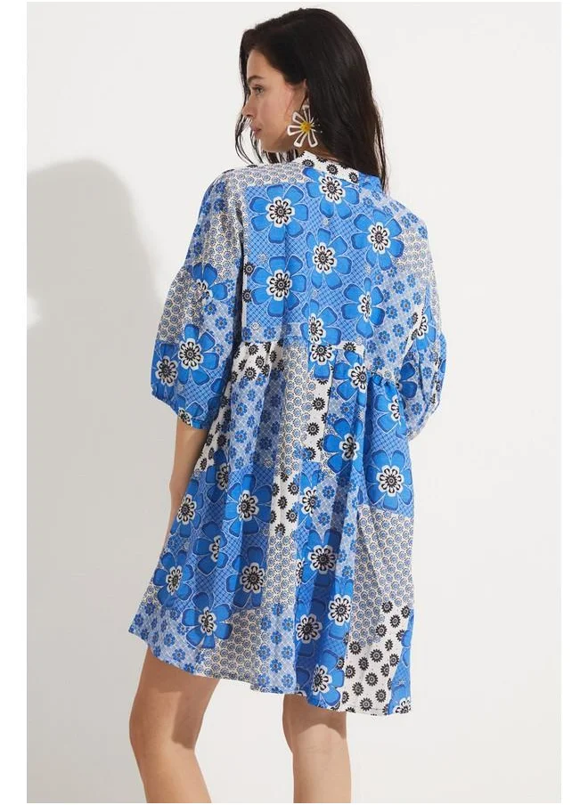 جون June Patterned V-Neck Linen Dress