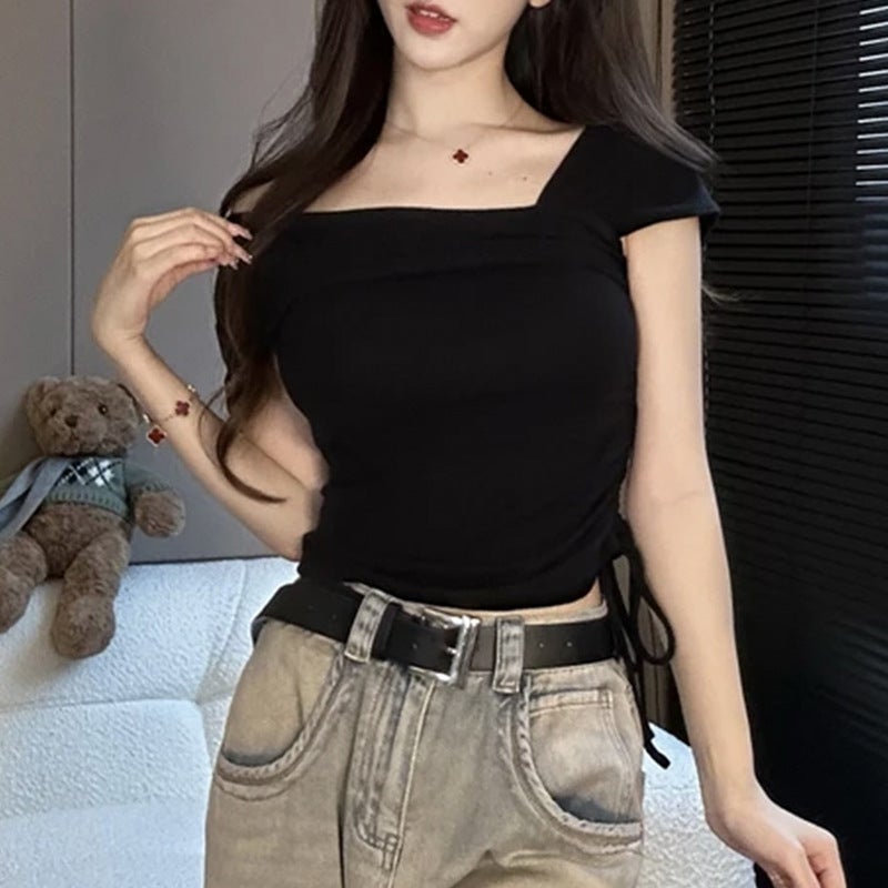 Manjieya New Style Off-Shoulder Short Slim-Fit Pure Desire Style Top Women'S Short-Sleeve Tight Waist Drawstring Tight Waist Spice Girl T-Shirt - Image 5