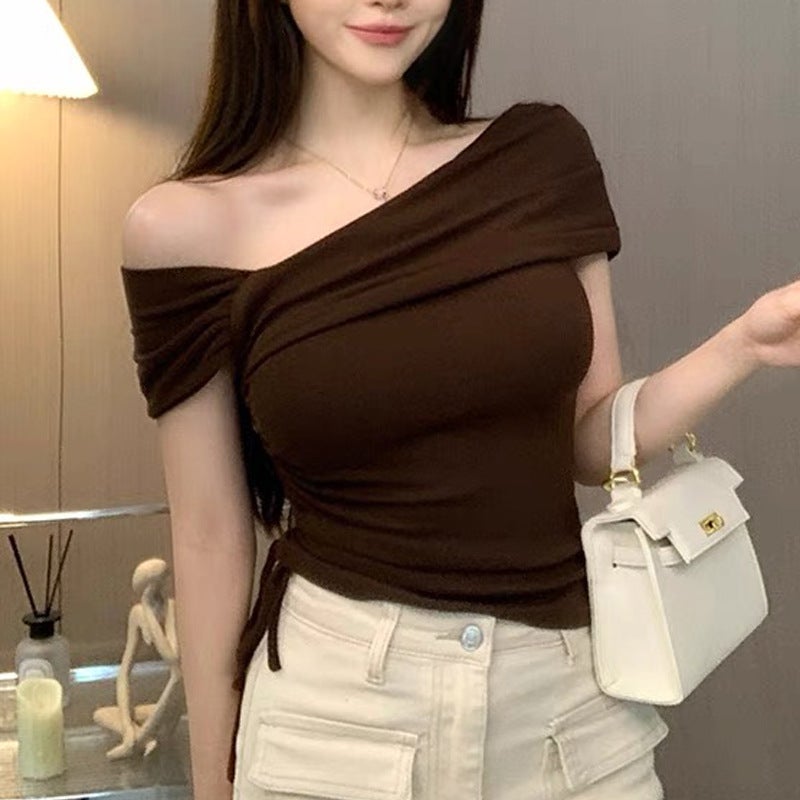 Manjieya New Style Off-Shoulder Short Slim-Fit Pure Desire Style Top Women'S Short-Sleeve Tight Waist Drawstring Tight Waist Spice Girl T-Shirt - Image 4