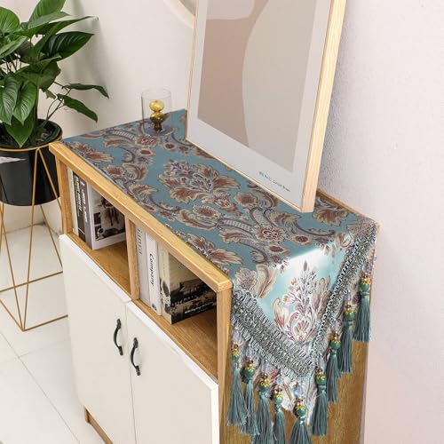 Fhberni Luxury Vintage Table Runner Embroidery Jacquard Fabric with Multi-Tassels Table Runners for Dining Room Dresser Wedding Holiday Party Fireplace Decorations-Blue, 13x90 inch - Image 2