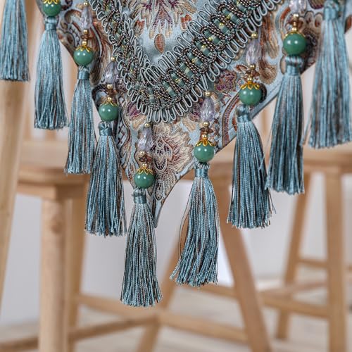 Fhberni Luxury Vintage Table Runner Embroidery Jacquard Fabric with Multi-Tassels Table Runners for Dining Room Dresser Wedding Holiday Party Fireplace Decorations-Blue, 13x90 inch - Image 5