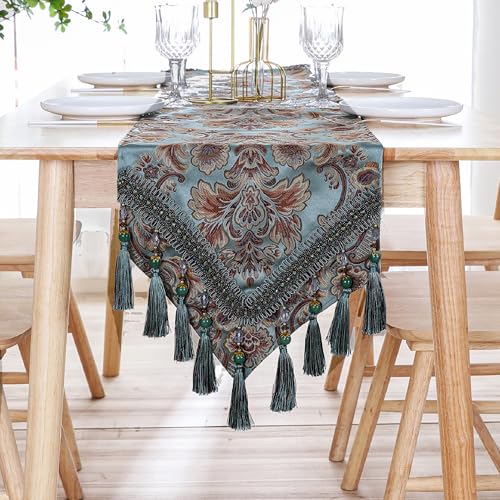 Fhberni Luxury Vintage Table Runner Embroidery Jacquard Fabric with Multi-Tassels Table Runners for Dining Room Dresser Wedding Holiday Party Fireplace Decorations-Blue, 13x90 inch - Image 1