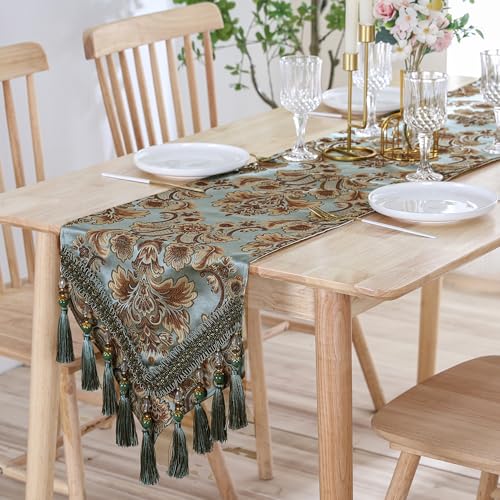 Fhberni Luxury Vintage Table Runner Embroidery Jacquard Fabric with Multi-Tassels Table Runners for Dining Room Dresser Wedding Holiday Party Fireplace Decorations-Blue, 13x90 inch - Image 4