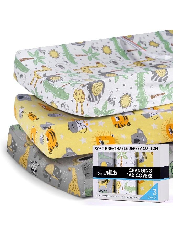 GrowWILD GROW WILD Changing Pad Cover 3 Pack | Soft & Stretchy Jersey Cotton | Baby Changing Table Pad Cover | Diaper Changing Pad Covers for Girls and Boys (Animals & Safari)  - Image 1