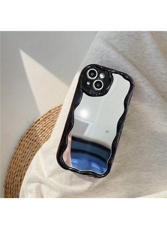 Simple Wave Design Phone Case for iPhone 15 Plus with Mirror , Wavy Frame Soft TPU Aesthetic Phone Cover