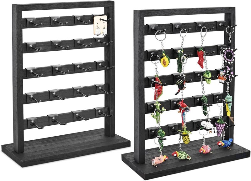 Ikee Design Free Assemble 2 Pcs Set Wooden Jewelry Display Rack with 20 Removable Metal Hooks/Each, Earring Card Display Holder Stand for Necklaces,Bracelet, Keychain Stand, Black Color - Image 1