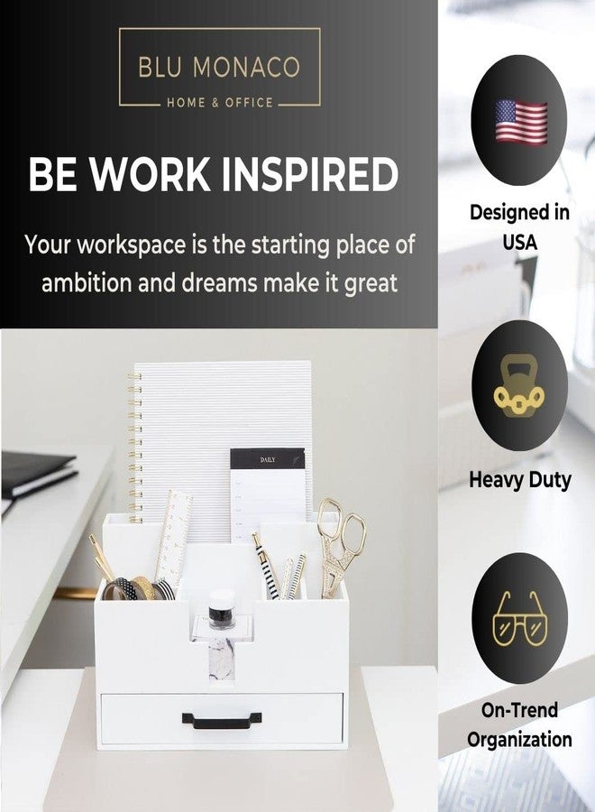 BLU MONACO | White Wood Desk Organizer with Drawer | Compact Desktop Mail & Office Supplies Storage with 6 Compartments | Modern Home Office Accessories for Women, Kitchen Counter & Reception Areas - Image 2
