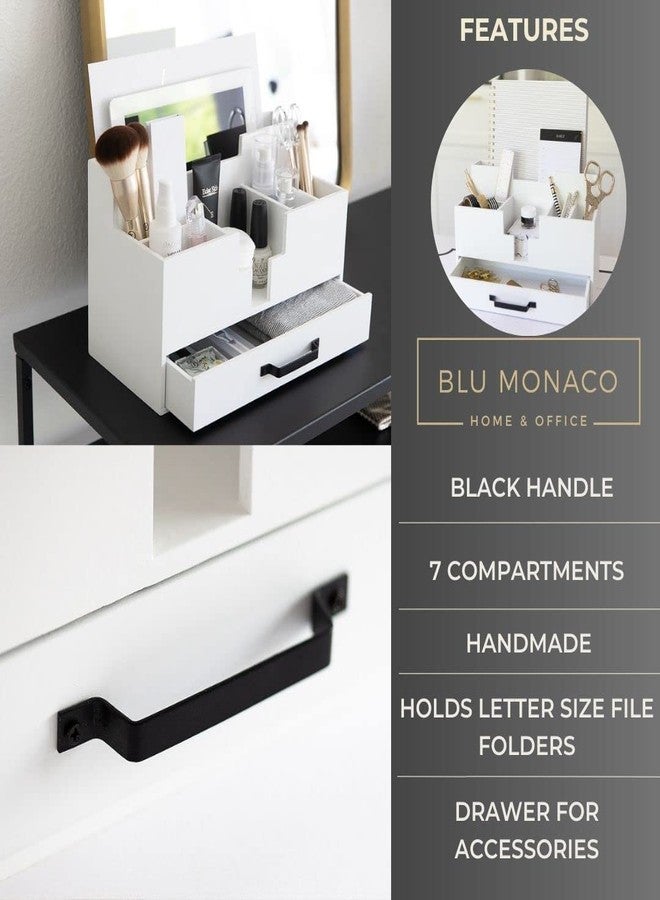 BLU MONACO | White Wood Desk Organizer with Drawer | Compact Desktop Mail & Office Supplies Storage with 6 Compartments | Modern Home Office Accessories for Women, Kitchen Counter & Reception Areas - Image 5
