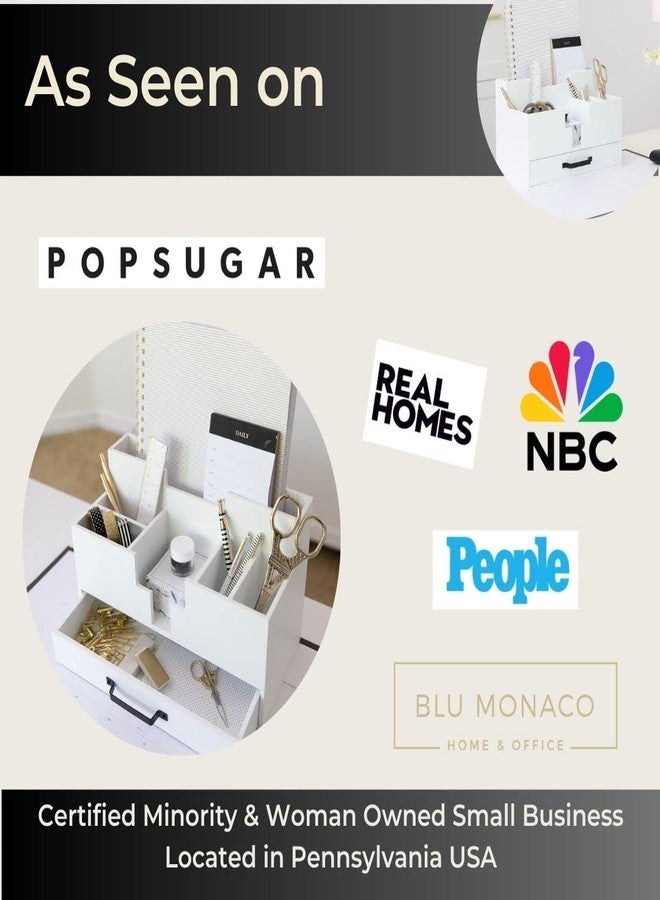BLU MONACO | White Wood Desk Organizer with Drawer | Compact Desktop Mail & Office Supplies Storage with 6 Compartments | Modern Home Office Accessories for Women, Kitchen Counter & Reception Areas - Image 3