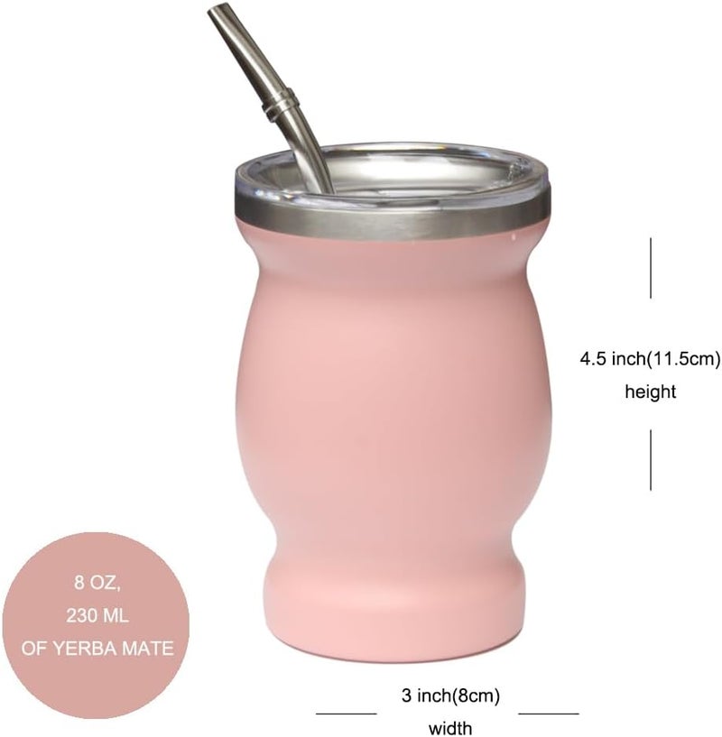 Beruth Bombilla Yerba Mate Gourd, 8oz Stainless Steel Tea Cup Set with a Multifunctional Lid, Two Straws and Cleaning Brushes, Double Walled Coffee Mug Heat Insulation Anti Scalding （Peachy Pink） - Image 2