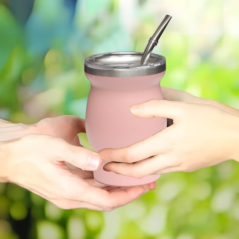 Beruth Bombilla Yerba Mate Gourd, 8oz Stainless Steel Tea Cup Set with a Multifunctional Lid, Two Straws and Cleaning Brushes, Double Walled Coffee Mug Heat Insulation Anti Scalding （Peachy Pink） - Image 3