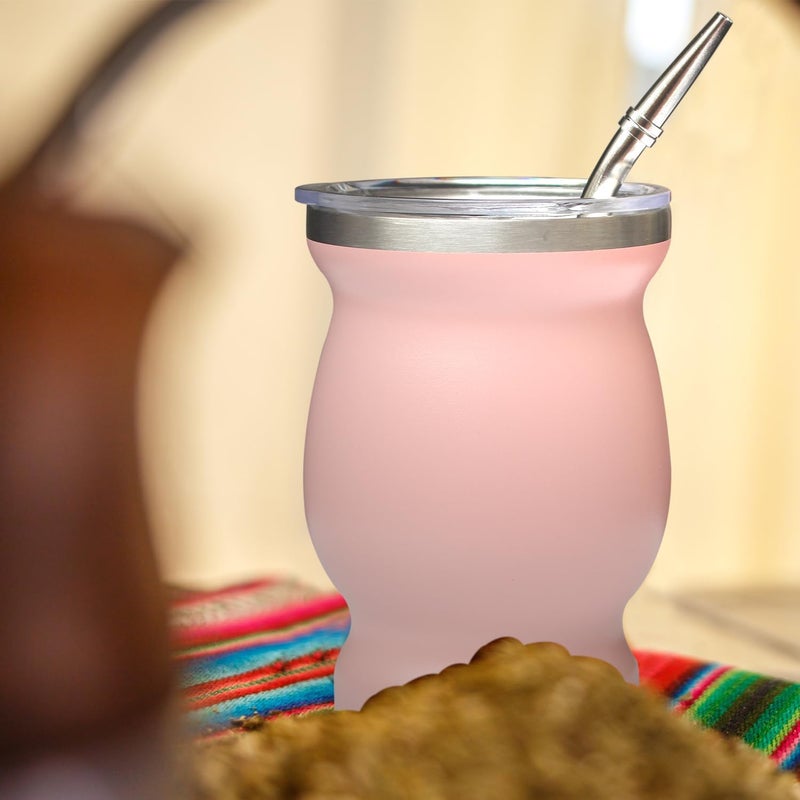 Beruth Bombilla Yerba Mate Gourd, 8oz Stainless Steel Tea Cup Set with a Multifunctional Lid, Two Straws and Cleaning Brushes, Double Walled Coffee Mug Heat Insulation Anti Scalding （Peachy Pink） - Image 4