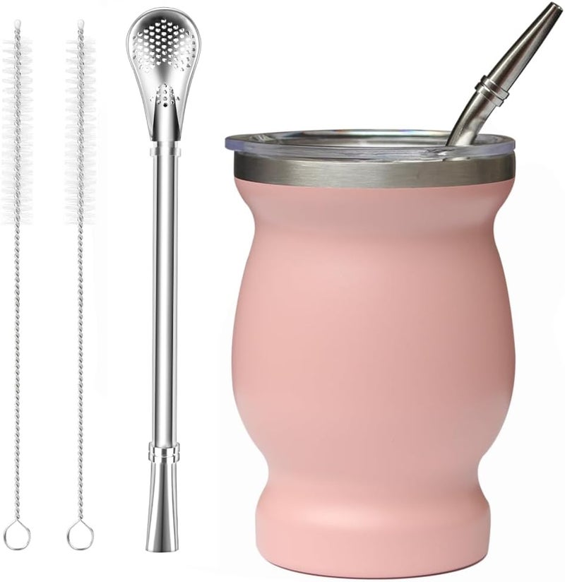 Beruth Bombilla Yerba Mate Gourd, 8oz Stainless Steel Tea Cup Set with a Multifunctional Lid, Two Straws and Cleaning Brushes, Double Walled Coffee Mug Heat Insulation Anti Scalding （Peachy Pink） - Image 1