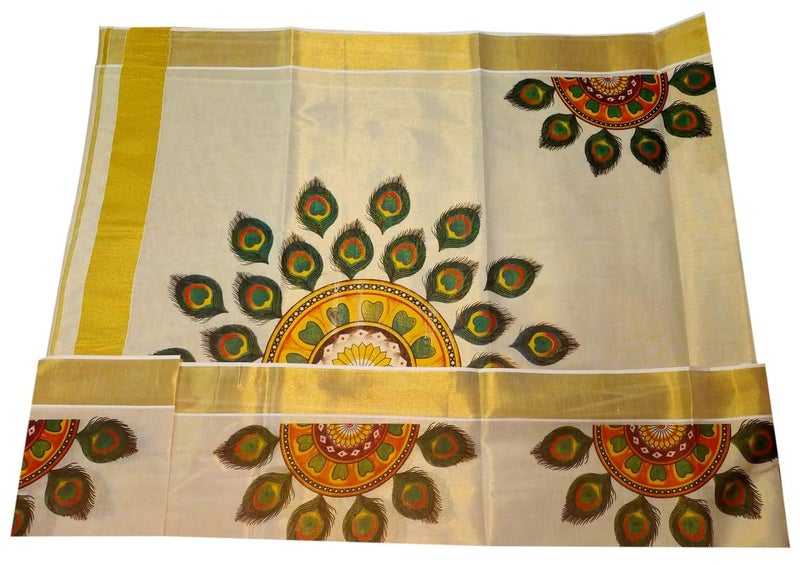 YETTALAN® Women’s Mural Printed Kerala Gold Tissue Saree with Running Blouse (Peacock Feather) - Image 2