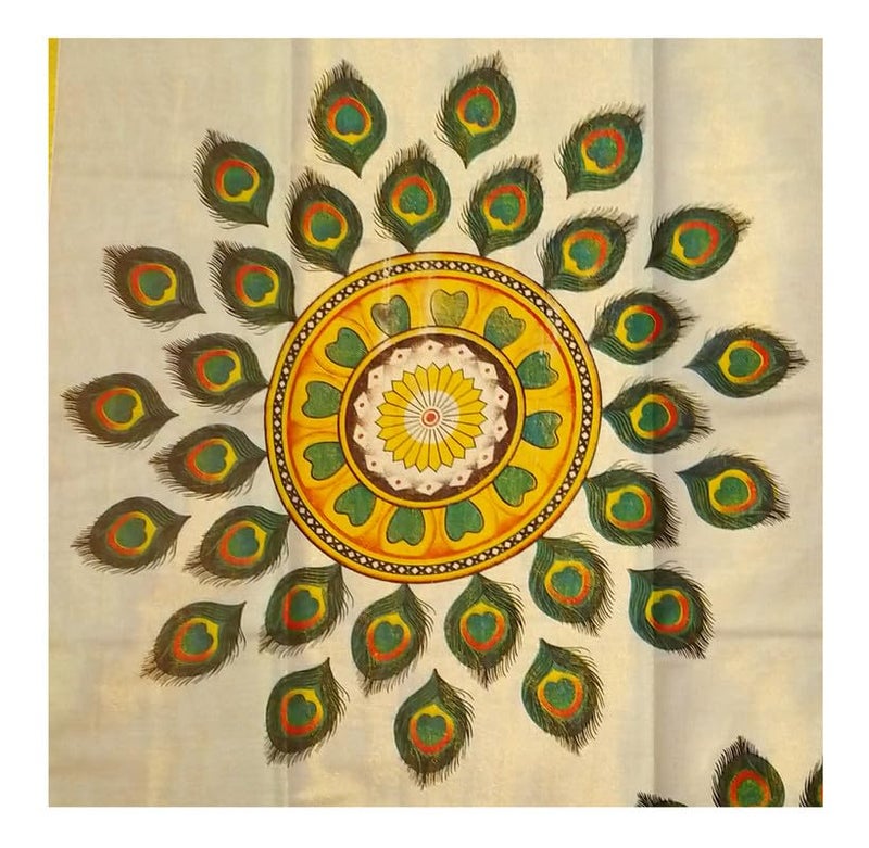 YETTALAN® Women’s Mural Printed Kerala Gold Tissue Saree with Running Blouse (Peacock Feather) - Image 3