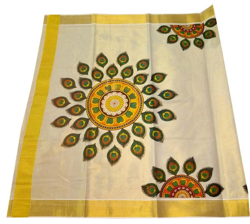 YETTALAN® Women’s Mural Printed Kerala Gold Tissue Saree with Running Blouse (Peacock Feather) - Image 4