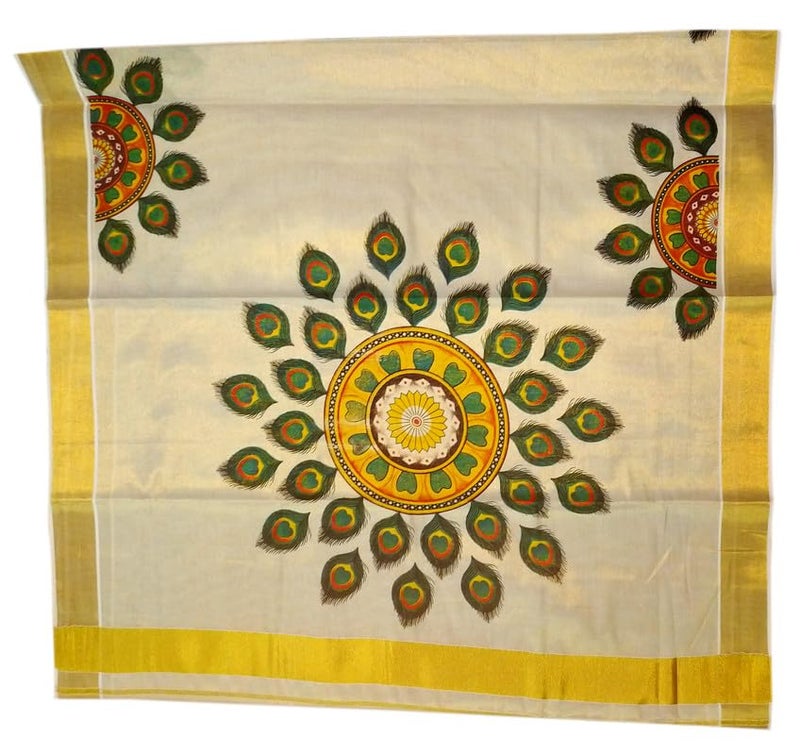YETTALAN® Women’s Mural Printed Kerala Gold Tissue Saree with Running Blouse (Peacock Feather) - Image 1