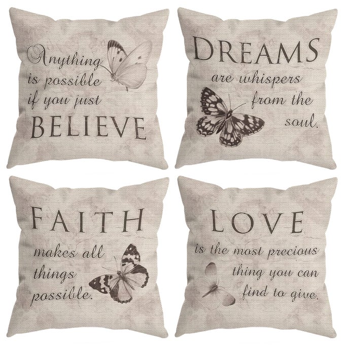 FARMHOUSE RUSTIC BUTTERFLY BELIEVE DREAMS FAITH LOVE THROW PILLOW COVERS INSPIRATIONAL BUTTERFLY GIFTS FOR WOMEN MOTIVATIONAL QUOTES PILLOW CASES 18 X 18 INCH HOME ROOM BED SOFA DECOR SET OF 4 1