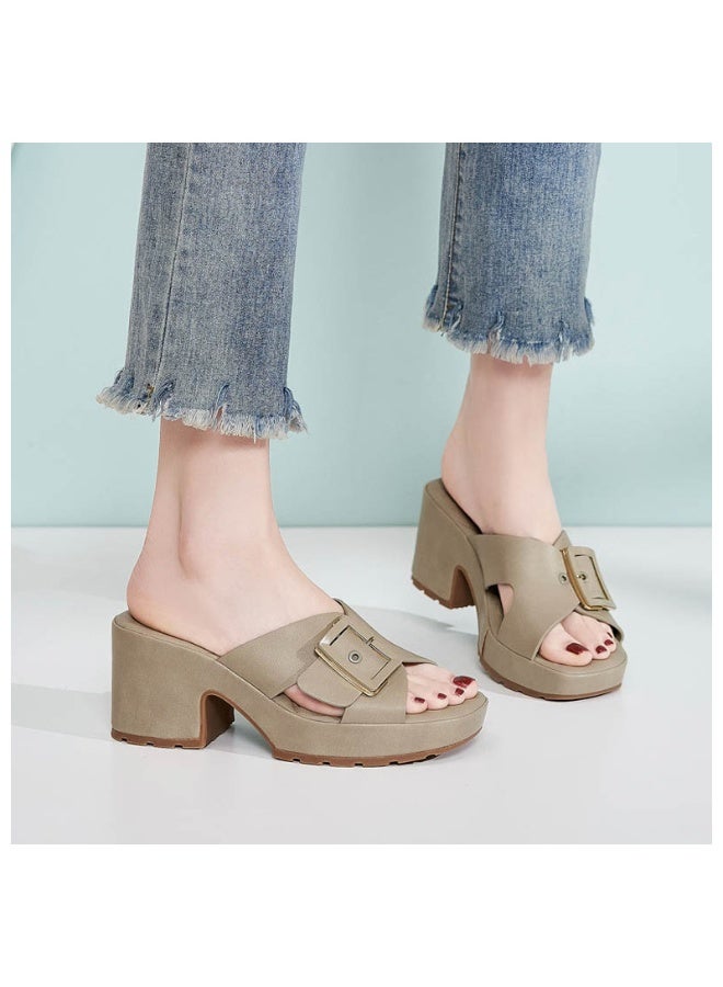 NIBEMINENT Spring Summer Thick-Soled Sandals For Women Casual And Comfortable Large-Size Metal Buckle Slippers Casual Versatile - Image 3