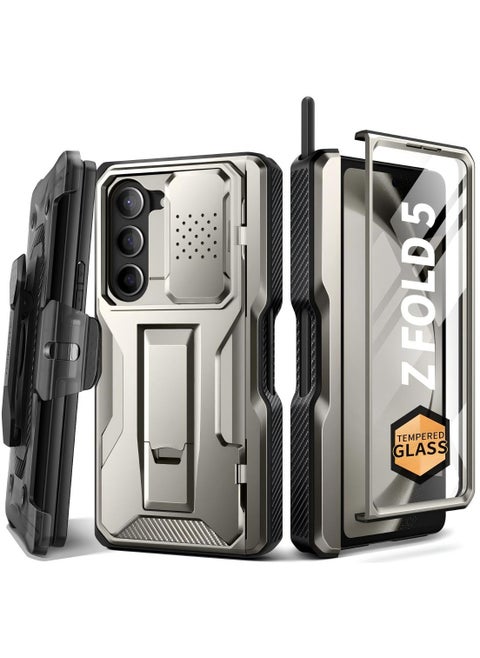 Z Fold 5 Phone Case, [With S Pen Holder and Hinge Protection] [Glass Screen Protector and Sliding Camera Cover] Heavy Duty Drop-Proof and Shatter-Proof Phone Case for Samsung Galaxy Z Fold 5 Phone Case with Stand and Belt Clip, TiGray