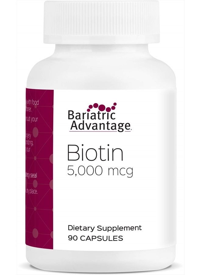 Bariatric Advantage كبسولات البيوتين 5 ملغ، مكمل بيوتين عالي الفعالية 5,000 ميكروغرام للمساعدة في الحفاظ على صحة الأظافر والشعر - 90 حبة - Image 1
