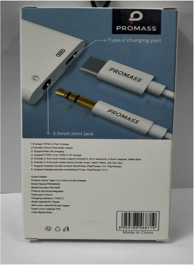 PROMASS Type-C To 3.5mm Headphone Adapter White. - Image 3