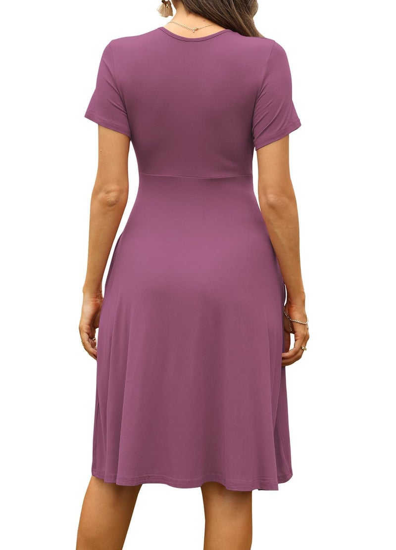 WEACZZY Women Summer Casual Short Sleeve Dresses Empire Waist Dress with Pockets,Mauve,S - Image 3