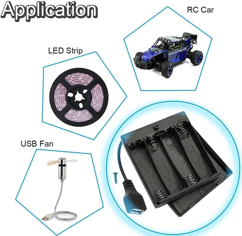 SWIUKPHE حامل بطاريات AA مزود بمفتاح USB، 4 وحدات من المقابس الأنثوية USB بجهد 6V، حامل صندوق البطاريات مع مفتاح تشغيل/إيقاف لسيارات الرياضة الإلكترونية وأضواء LED (4 بطاريات بجهد 1.5V لكل منها) - Image 2