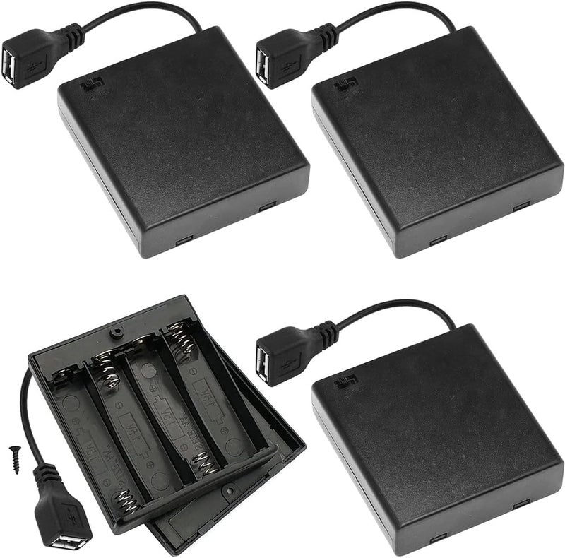 SWIUKPHE حامل بطاريات AA مزود بمفتاح USB، 4 وحدات من المقابس الأنثوية USB بجهد 6V، حامل صندوق البطاريات مع مفتاح تشغيل/إيقاف لسيارات الرياضة الإلكترونية وأضواء LED (4 بطاريات بجهد 1.5V لكل منها) - Image 1
