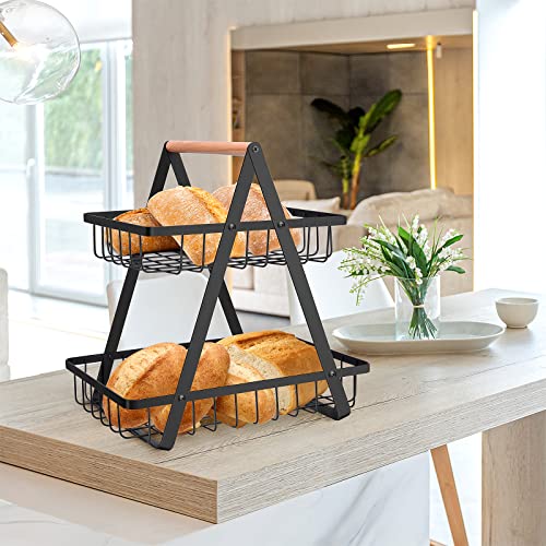 mahueeol 2 Tier Countertop Fruit Basket,Portable Fruit Bowle for Kitchen Organizer Storage & Dining Room Fruits Vegetable Bread Snacks, Detachable Metal Rectangle Basket Storage - Image 3