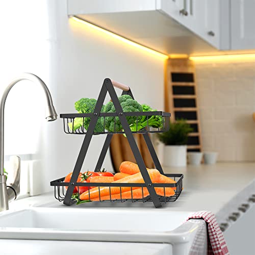 mahueeol 2 Tier Countertop Fruit Basket,Portable Fruit Bowle for Kitchen Organizer Storage & Dining Room Fruits Vegetable Bread Snacks, Detachable Metal Rectangle Basket Storage - Image 2